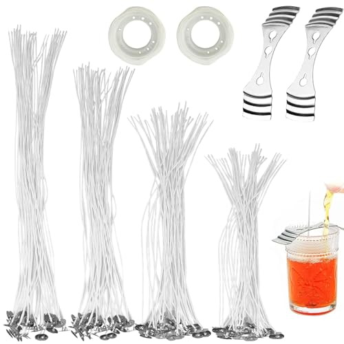 100 Pcs Candle Wick Making Kit, 25/30/ 35/40 CM (25 Each) | with 2Pcs Stainless Steel Wick Fixed Holder, 200 Double Sided Dots Stickers, for Diy Candle Making