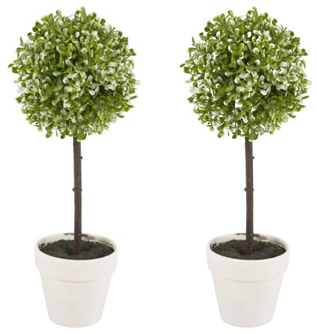 URBNLIVING Artificial Topiary Ball Box Tree Plant Set of 2 with Pot, 42 cm Large, Green