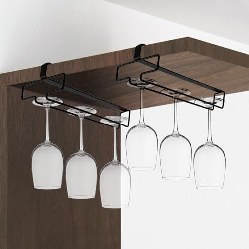 QWORK® 2PCS Wine Glass Rack, Wine Glass Holder, No Drilling Metal Wine Glass Storage Organizer, Black