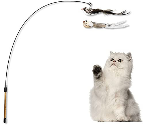Andiker Interactive Cat Toy with Bell - Cat Wand with 2 Artificial Birds - Feather Wand for Playing and Training, Funny Sticks for Indoor and Outdoor Use (Black)