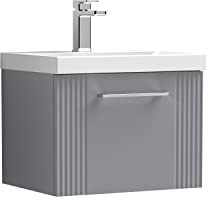 nuie DPF291D Deco Modern Bathroom Wall Hung 1 Drawer Part Fluted Vanity Basin Unit with Thin-Edge Ceramic Basin, 500mm, Satin Grey