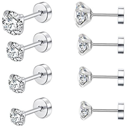 4 Paires Clous d'oreilles en Argent Fin 925 avec Zircones Cubiques Boucles d'oreilles Femmes Filles Hommes Puces d'oreilles Rondes Hypoallergéniques Cartilage Huggies Set, Diamètre 2/3/4/5mm