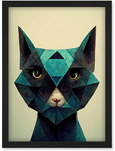 Doppelganger33 LTD Fun Geometric Teal Cat Artwork Framed Wall Art Print A4