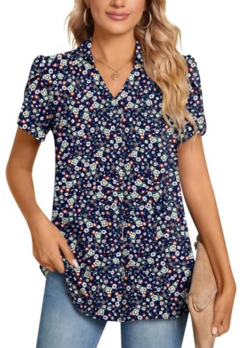 POPYOUNG Ladies Tops Chiffon Blouse Business Tunic Petal Short Sleeve Office Shirts for Work XL, Floral Navy Blue