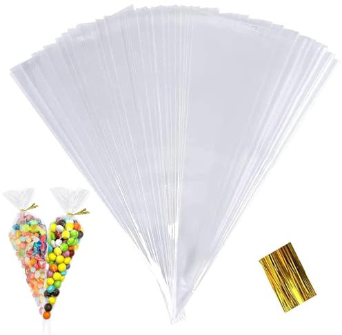 100 Stück Süßigkeiten Tüten, 25x13cm Candy Bar Tüten Bonbon Tüten Cone Tüte Cellophantüten mit 100 Stück Twist Ties Transparent Süßigkeiten Tüten Geschenktüten für Schokolade Bonbons Kekse