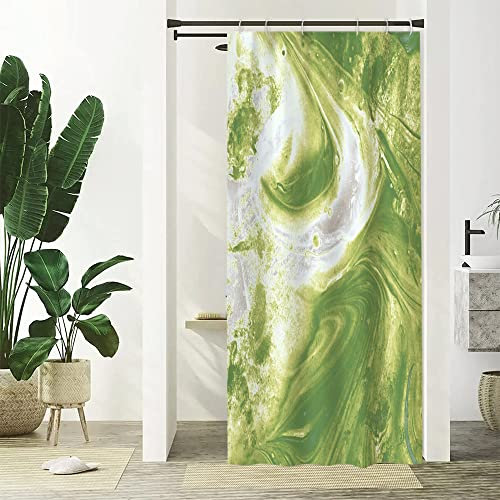 Uiiooazy Rideau Douche Anti Moisissure, Rideau de Douche Étroit 90x180cm Vert Effet Marbre Gris Moderne Petit Rideaux de Baignoire Tissu Lavable Imperméable Polyester Rideaux de Bain avec 6 Crochets