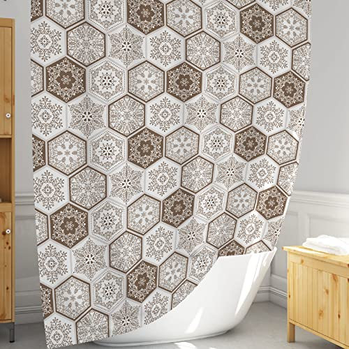 Rideau de douche beige en tissu large 180x200 anti moisissures | Rideau décoratif pour douche de joli motif géométrique | Rideau douche tissu lavable avec 12 crochets convient au tringles de baignoire