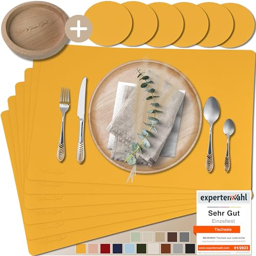Mahewa® 6er Set Premium Tischset aus Kunstleder - Platzset abwaschbar und wasserdicht - Platzdeckchen Telleruntersetzer in Lederoptik (Senfgelb, Eckig mit Holzhalter)