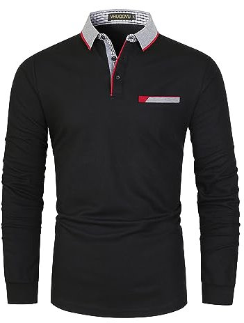 VHUQGVU Mens Stylish Polo Cotton Long Sleeve Contrasting Color Regular Top Golf Shirt,Black,L