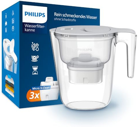 Philips Water Filtro de jarra + 3 cartuchos de filtro de repuesto, Filtración Avanzada, flujo rápido, temporizador electrónico, filtra CLORO, CAL, metales pesados y MICROPLÁSTICOS, capacidad 2,6 L