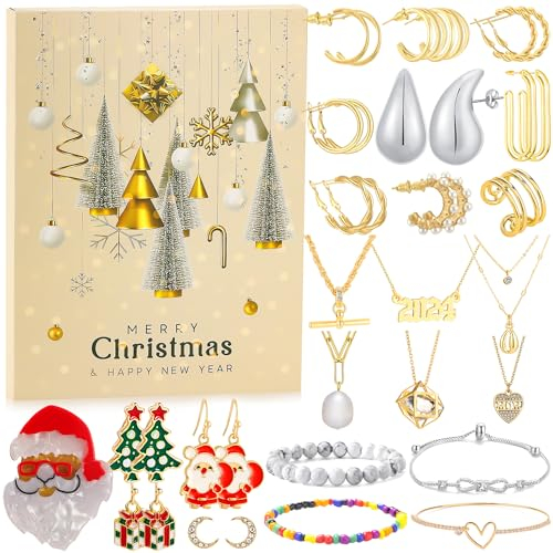 Avotto Schmuck Adventskalender 2023 für Frauen Erwachsene Mädchen, Weihnachten 24 Tage Countdown Kalender Xmas Box Geschenke für Teen Teenager Frau Freundin Tochter Mutter Set mit Ohrring Halskette
