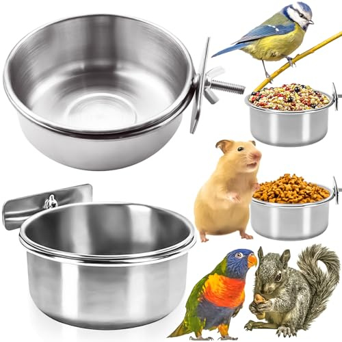 MotBach 2 Pack Bird Feeding Bowls Cups Parrot Food Water Dishes, Stainless Steel Bird Bowl Cup Dish with Clamp, Birdcage Feeder Pet Cage Bowls for Cockatiel Budgie Conure Macaw Parakeet Small Animal