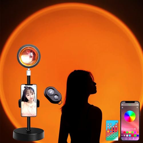 360° Rotating USB Sunset Projector Lamp with App Control, 16 Colour Music Sync Mood Light for Bedroom/Party/Yoga, Free Phone Holder & Bluetooth Selfie Remote Included
