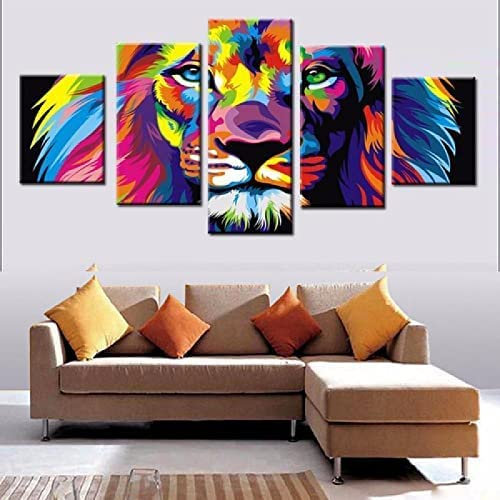 5 Teiligs Bild Leinwand Bilder, Löwe In Tierfarbe,Wandbilder Wohnzimmer Leinwandbild Modern Kunstdruck Für Schlafzimmer Wanddeko 200×100 Cm -5J6W-W5K