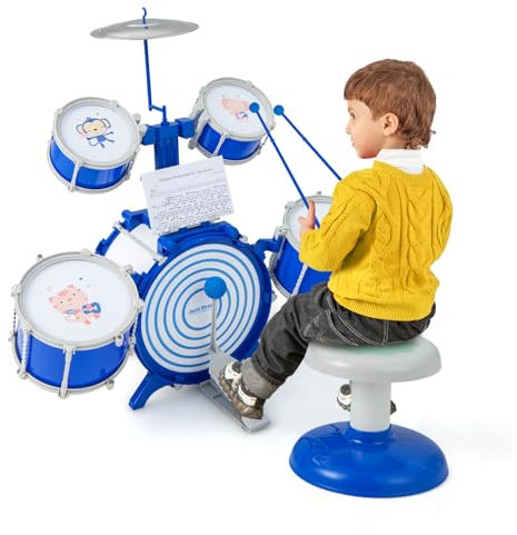DREAMADE Ensemble de Batterie de Jazz pour Enfant 3+ Ans , Kit avec Cymbale, 5 Tambours, 2 Baguettes, Pupitre & Pédale, Jouet d'Instrument à Percussion avec Tabouret