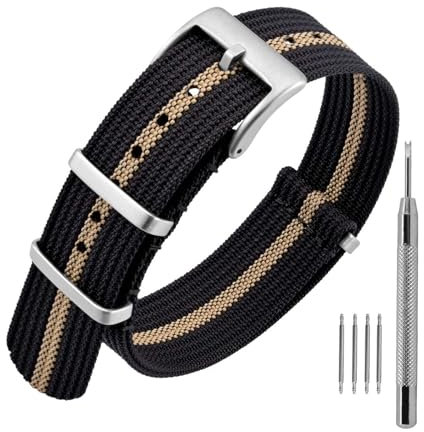 ANNEFIT Nylon Uhrenarmbänder 20mm mit Edelstahl Metall Schließe, Sport Atmungsaktive Ersatzarmband (Schwarz/Khaki)