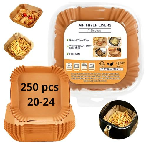 250 Piezas Papel freidora aire,5-8L, 20-24CM, Papel air fryer Cuadrado Desechable Antiadherente para Horno, Perfecto para COSORI Cecotec 5,5 6L Airfryer Natural,