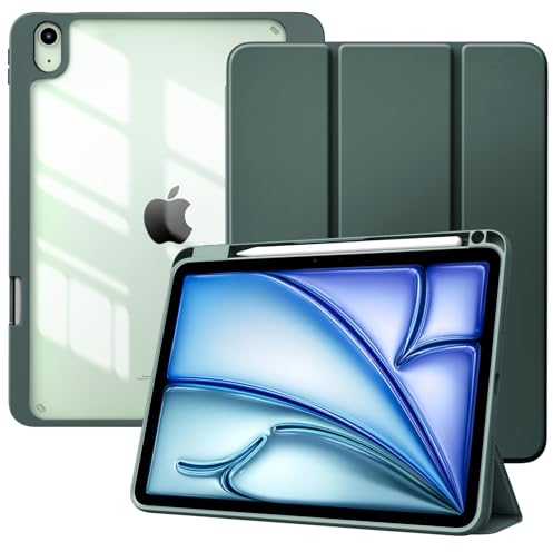 TiMOVO Funda para iPad Air 11 Pulgadas (M3/M2-2025/2024), iPad Air 5ª/4ª Generación (2022/2020) 10.9'', Funda Delgada Trasera Transparente y Runura para Lápiz, Auto Activación/Reposo, Verde Noche