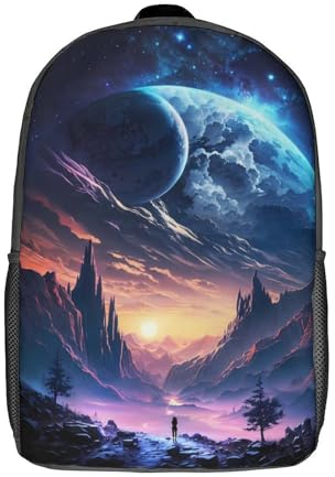 FUmoney 17-Zoll-Galactic Twilight Fantasy-Rucksack, 3D-gedruckte Schultasche, Schule-Lunch-Tasche, Reiserucksack, Freunde-Rucksack für Mädchen und Jungen