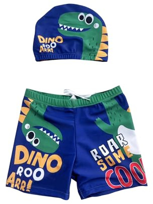 Costume Piscina Bambino, Costume Bambino Ragazzo, Cuffia Piscina e Pantaloncini, Set da 2 Pezzi (IT, età, 8 Anni, 9 Anni, Regular, Blu Navy+ Verde, Dinosauro)