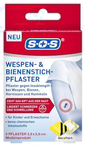 SOS Wespen- & Bienenstich-Pflaster (5 Stk.) – lindert Schmerzen & Schwellungen - Pflaster gegen Insektengift bei Wespen, Hornissen & Hummeln – Für Kinder & Erwachsene – Ohne chemische Inhaltsstoffe