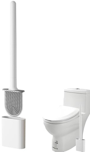 Klobürste Silikon, Toilettenbürste mit Langem Griff, WC Bürste Silikon, Schnell trocknende Toilettenbürste Wandmontage & Stehend für Badezimmer - Weiß