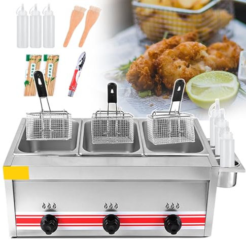 Friggitrice a gas professionale, friggitrice commerciale in acciaio inossidabile, friggitrice a gas tripla cilindrica rimovibile e lavabile, per cucina commerciale da banco per ristoranti