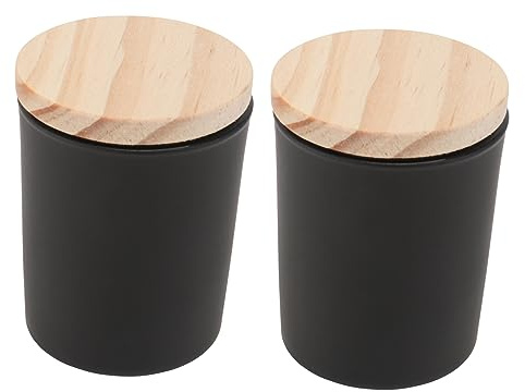 CORHAD 2 Recipientes de Vidrio Negro para Vela Aromática Tapa de Madera, Capacidad 50g, Resistentes a Golpes, Ideales para Decoración y Yoga