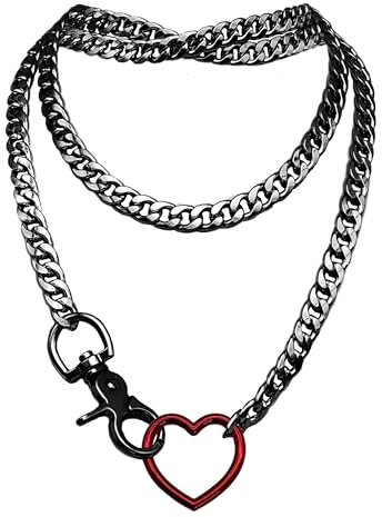 paloli Women's Slip Chain Rainbow Heart O-Ring Chunky Chain Necklace, Rays Cuban Long Layered Jewelry, Adjustable Lariat Y-Necklace Heart Loop Choker, 34'', Zinc, No Gemstone