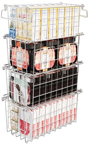 KIKIBRO Freezer Organizer Bins - Fit 10 to 20 Cu.FT Deep Freezer, Stackable Chest Freezer Organizer Sort Frozen Food and Easily Get with Handle, 4 Pack Chest Freezer Bins