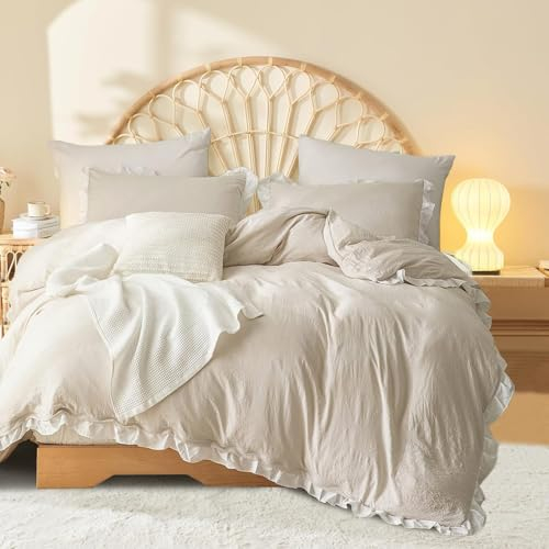 Sedefen Bettwäsche 135x200 Beige mit Weiß, Rüschen, Einfarbig, Romantisch aus Mikrofaser, ÖkoTex, Mädchen mit Reißverschluss und 1 Kissenbezug 80x80 cm