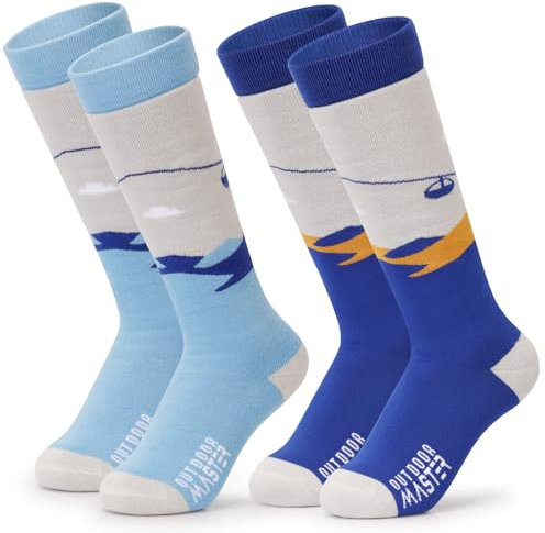 OutdoorMaster Kids Ski Socks, Over the Calf Design, Warm Thermal Snowboard Skating Socks for Boys & Girls(A -Blue Yellow+Grey Blue,S,2 PACK)