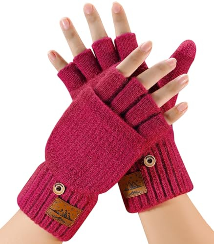 CHENMEI Fingerlose Handschuhe Herren und Damen - Halbfingerhandschuhe mit Kappe,Winter Flip Handschuhe mit Berührung,Fäustlinge mit Alpakawolle,Winterhandschuhe für Damen Herren