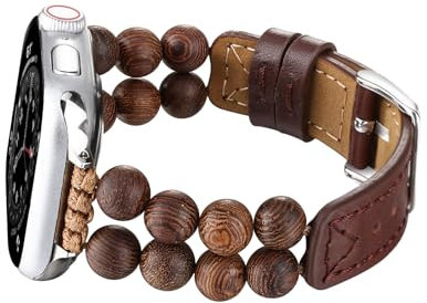 Wingoden Cinturino sottile compatibile con cinturini Apple Watch da 42 mm, 44 mm, 45 mm, 46 mm, 49 mm, per donne e uomini, in vera pelle, perline sottili in legno naturale, cinturino di ricambio per