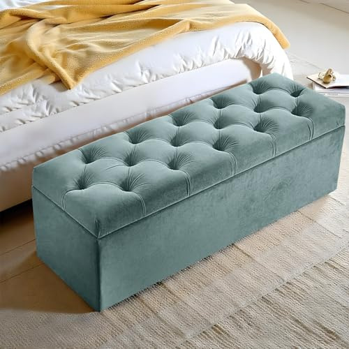 Harveys Living Chesterfield Ottoman Storage Box - Diamond Button Style Engineered Wood Luxurious Plush Velvet Ottoman Storage Bench - (Duck Egg, No Legs)