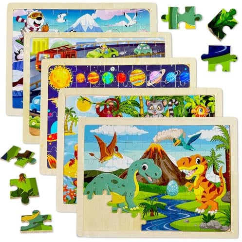 Kulveanju Wooden Jigsaw Puzzles for Kids - 5 Packs 60 Piece Childrens Jigsaws Age 3-4, Montessori Wooden Toys Dinosaurs, Animals, Space Puzzle, Toddlers Fine Motor Skill Gifts for Kid 3 4 5 Years Old