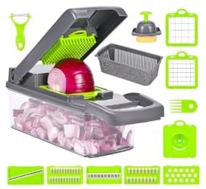 Trancheuse à légumes multifonctionnelle 16 en 1, mandoline cuisine, veggie chopper, coupe oignon manuel, trancheuse à légumes de cuisine avec 7 lames réglables, adaptée au coupe-légumes de cuisine