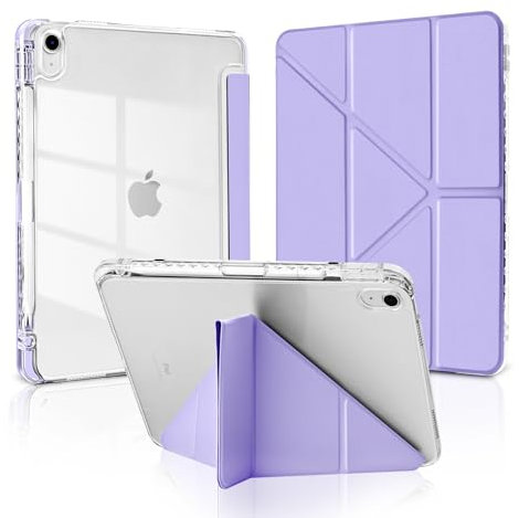 MuyDoux Funda Origami para iPad 10ª Generación 10,9 Pulgadas 2022/ iPad 11 (A16) 2025 con Portalápiz, 5 Posiciones Ajustables, Carcasa Trasera Acrílico Transparente Antigolpes Delgado, Morado Claro