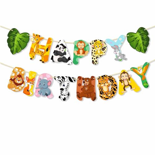 ParPix Dschungel Geburtstag Girlande, Safari Deko Happy Birthday Banner, Geburtstagsdeko Waldtiere Happy Birthday Girlande, Dschungel Deko Geburtstagsgirlande Kinder, Dschungeltiere Geburtstagsbanner