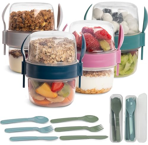 4-Pack 800ml Overnight Oats Jars with Lids – Reusable Breakfast Pots for Yogurt, Granola, Porridge – Plastic Containers with Spoon Holders – Includes 2 Cutlery Sets (Fork, Knife, Spoon in Box)