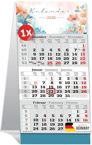 PRIMUS PRINT Tischaufstellkalender 2026-3 Monatskalender zum Aufstellen - Tischkalender, Schreibtischkalender, Stehkalender - 95x194mm, 70g Naturpapier, Inklusive Datumsschieber [Einzeln - Blumen]