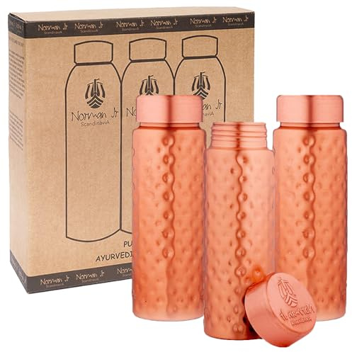 NORMAN JR Botella de agua de cobre de 400 ml - Caja de regalo de 3, martillada, un recipiente ayurvédico hecho de cobre puro que te ayuda a beber más agua, con muchos beneficios para la salud.