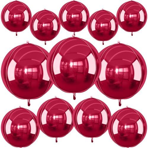 12Pcs Burgundy Red Round Foil Balloons, 22 15 10 4D Helium Maroon Ball Balloon, Metallic Deep Red Foil Balloon for Birthday Graduation Wedding Baby Shower Valentine's Day Prom Party Decorations