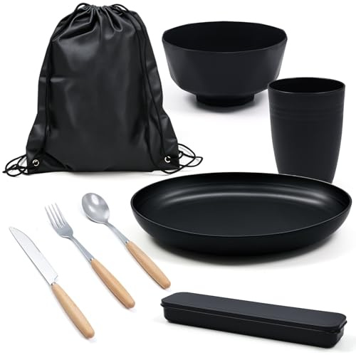 CYZBL - 8pc Camping Cutlery Set - Travel/Picnic Dinner Plastic Tableware Sets Cutlery Include Plates, Bowls, Cup, Stainless Knife, Spoon, Fork - for Camping, Travel & Outdoor