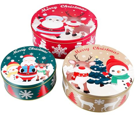 UPKOCH 3pcs Christmas Cake Storage Tin, Metal Cake Tins for Storing with Lids Christmas Empty Round for Cookie Candies Biscuits Boxes Packaging Boxes Xmas Themed Containers Tinplate Candy