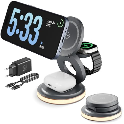Faltbare 3-in-1 MagSafe Ladestation für iPhone & Apple Watch, 15W Ladegerät mit Nachtlicht, kompatibel mit iPhone, Apple Watch, AirPods, Reise & Büro, inkl. 20W Adapter, Grau
