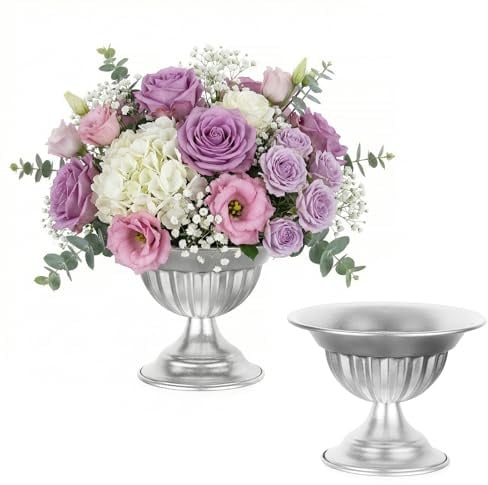 Sziqiqi Metall Urn Vase Silber 2Stk: Kleine Vasen Hochzeitsdeko Tischdeko | Dick, ⌀16cm/ H13cm/ T7cm, Weite Öffnung für Kunstblume, Vintage, Hochzeit, Taufe, Esstisch, Party, Landhaus