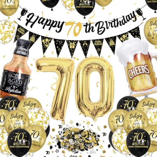 70 Geburtstag Frau Mann, Deko 70 Geburtstag, Happy Birthday Geburtstagdeko | mit Banner, Konfetti Ballons, Nummer 70 Folienballons, Schwarz Gold Luftballons