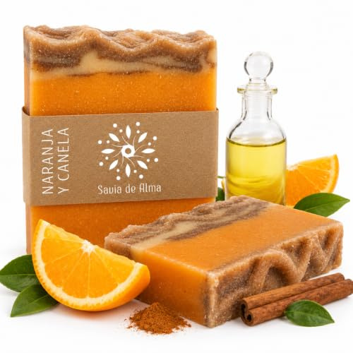 Jabón Artesanal Naranja y Canela Savia de Alma – Jabón Natural Aromático para Cara, Manos y Cuerpo | Con Aceites Esenciales | Limpieza Hidratante | Cosmética Sólida Vegana – 100 g