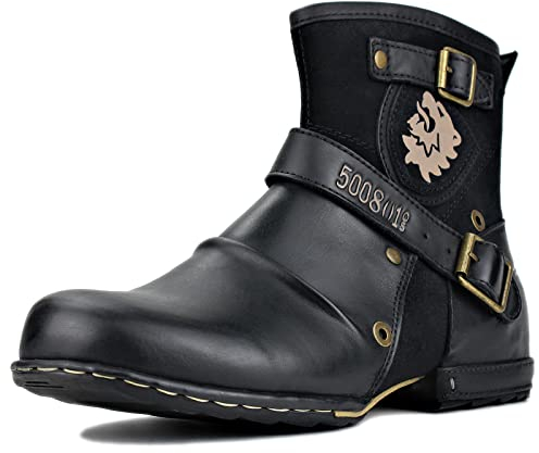 OSSTONE Chukka Stivali Cowboy Biker in Pelle Scivolare su Punta Quadrata Lunghezza di Vitello Tacco Western Uomo Stivali Invernali Piatto Caviglia Stivaletti Botas Boots 5008-1-IT Nero 11